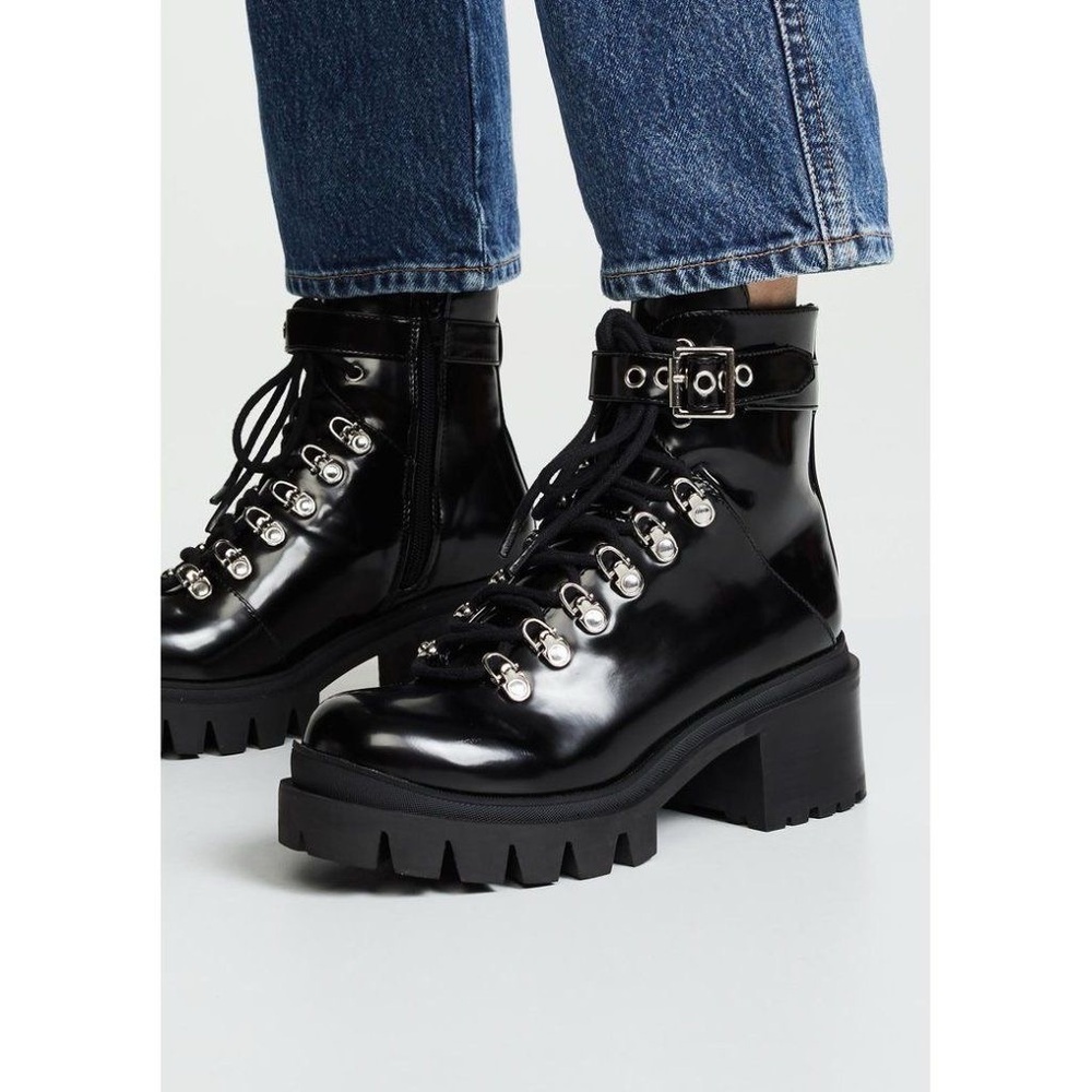 Shiny Black Lace-Up Ankle Boots
